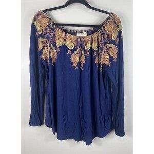 Ruff Hewn Top Boho Style Off-Shoulder Blouse Blue & Paisley Collar Large